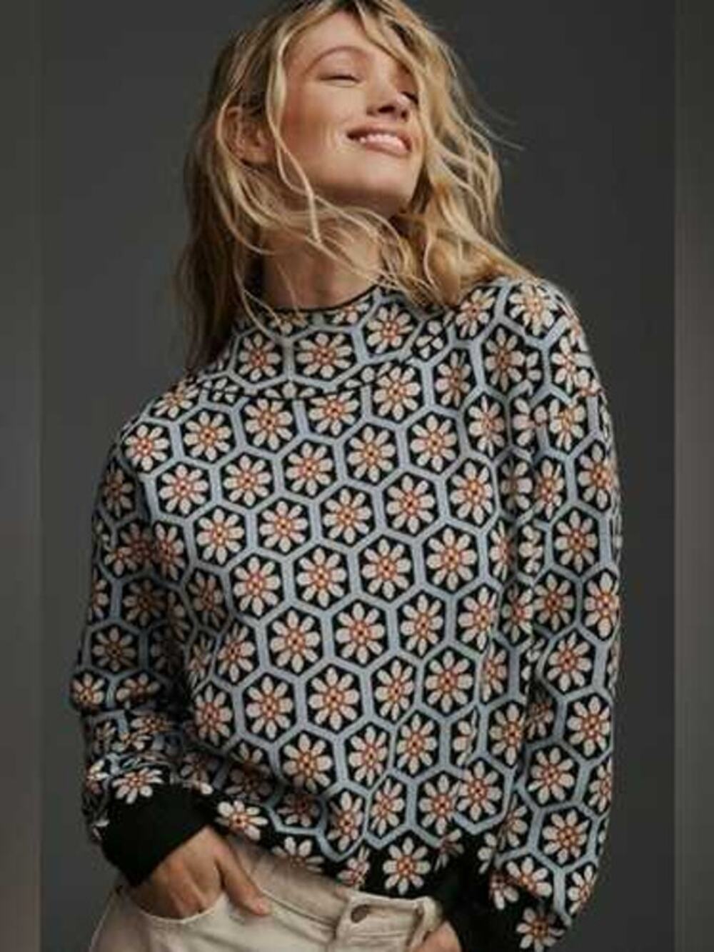 Anthropologie Carys Mock-Neck Sweater By Maeve sz large daisy floral print